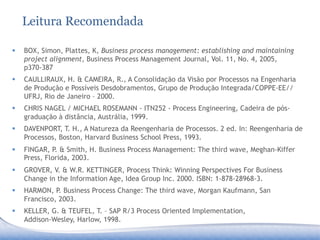 Leitura Recomendada

§    BOX, Simon, Plattes, K, Business process management: establishing and maintaining
      project alignment, Business Process Management Journal, Vol. 11, No. 4, 2005,
      p370-387
§    CAULLIRAUX, H. & CAMEIRA, R., A Consolidação da Visão por Processos na Engenharia
      de Produção e Possíveis Desdobramentos, Grupo de Produção Integrada/COPPE-EE//
      UFRJ, Rio de Janeiro – 2000.
§    CHRIS NAGEL / MICHAEL ROSEMANN - ITN252 - Process Engineering, Cadeira de pós-
      graduação à distância, Austrália, 1999.
§    DAVENPORT, T. H., A Natureza da Reengenharia de Processos. 2 ed. In: Reengenharia de
      Processos, Boston, Harvard Business School Press, 1993.
§    FINGAR, P. & Smith, H. Business Process Management: The third wave, Meghan-Kiffer
      Press, Florida, 2003.
§    GROVER, V. & W.R. KETTINGER, Process Think: Winning Perspectives For Business
      Change in the Information Age, Idea Group Inc. 2000. ISBN: 1-878-28968-3.
§    HARMON, P. Business Process Change: The third wave, Morgan Kaufmann, San
      Francisco, 2003.
§    KELLER, G. & TEUFEL, T. – SAP R/3 Process Oriented Implementation,
      Addison-Wesley, Harlow, 1998.
 