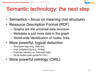 Semantic technology: the next step Semantics – focus on meaning (not structure) Resource Description Format (RDF) Graphs are the universal data structure Metadata is just more data in the graph World-wide identification of nodes, links More powerful, logical deduction Description logic (e.g., OWL-DL) Logic programming (e.g., Prolog) Predicate calculus (i.e., first-order logic) HiLog (higher-order syntax for FOL) More powerful ontology (OWL) business analysis 