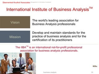 International Institute of Business Analysis TM Develop and maintain standards for the practice of business analysis and for the certification of its practitioners The IIBA TM  is an international not-for-profit professional  association for business analysis professionals. Vision The world's leading association for  Business Analysis professionals Mission KBa business analysis 