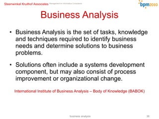 Business Analysis Business Analysis is the set of tasks, knowledge and techniques required to identify business needs and determine solutions to business problems. Solutions often include a systems development component, but may also consist of process improvement or organizational change. International Institute of Business Analysis – Body of Knowledge (BABOK) business analysis 