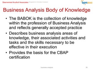 Business Analysis Body of Knowledge The BABOK is the collection of knowledge within the profession of Business Analysis and reflects generally accepted practice Describes business analysis areas of knowledge, their associated activities and tasks and the skills necessary to be effective in their execution Provides the basis for the CBAP certification business analysis 
