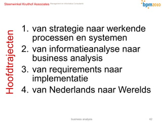 Hoofdtrajecten van strategie naar werkende processen en systemen van informatieanalyse naar business analysis van requirements naar implementatie van Nederlands naar Werelds  business analysis 