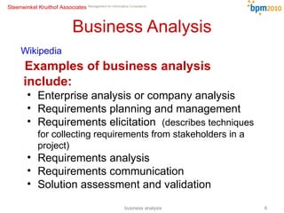 Business Analysis Wikipedia  Examples of business analysis include: Enterprise analysis or company analysis  Requirements planning and management  Requirements elicitation  (describes techniques for collecting requirements from stakeholders in a project)  Requirements analysis  Requirements communication  Solution assessment and validation   business analysis 