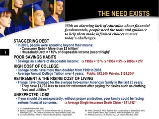 THE NEED EXISTS
                                                                  With an alarming lack of education about financial
                                                                  fundamentals, people need the tools and guidance
                                                                  to help them make informed choices to meet
                                                                  today’s challenges.
    STAGGERING DEBT
    • In 2005, people were spending beyond their means:
       • Consumer Debt = More than $2 trillion7
7      • Household Debt = 116% of disposable income (record high)7
    POOR SAVINGS HABITS
    • Savings as a share of disposable income:  1980s = 10 %  1990s = 5%  2000s = 2%8
    HIGH COST OF COLLEGE
    • College costs have more than doubled from 1990 to 2005.
    • Average Annual College Tuition over 4 years: Public: $42,640 Private: $124,2049
    RETIREMENT & THE RISING COST OF LIVING
    • Things have changed for the average two-earner American family in the last 25 years:
       • They have $1,702 less to save for retirement after paying for basics such as clothing,
         food and utilities.10
    UNEXPECTED LOSS
    • If you should die unexpectedly, without proper protection, your family could be facing
     serious financial concerns.                                    Average Single Insurance Death Claim = $11,44211
     7 U.S. Federal Reserve, May 2005.
     8 Baker,D. “Dangerous Trends: The Growth of Debt in the U.S. Economy.”        10 Weller, Christian E. Ph.D. “Families Work Longer to Pay for Middle-Class Items
       Washington, D.C.: The Center of Economic and Policy Research, Sept. 2004.      than a Quarter-Century Ago,” Center for American Progress, Oct. 2005.
     9 U.S. Census Bureau, “Facts for Features: Back to School.” August 2005.      11 American Council of Life Insurers, ACLI Life Insurers Fact Book, 2003.
 