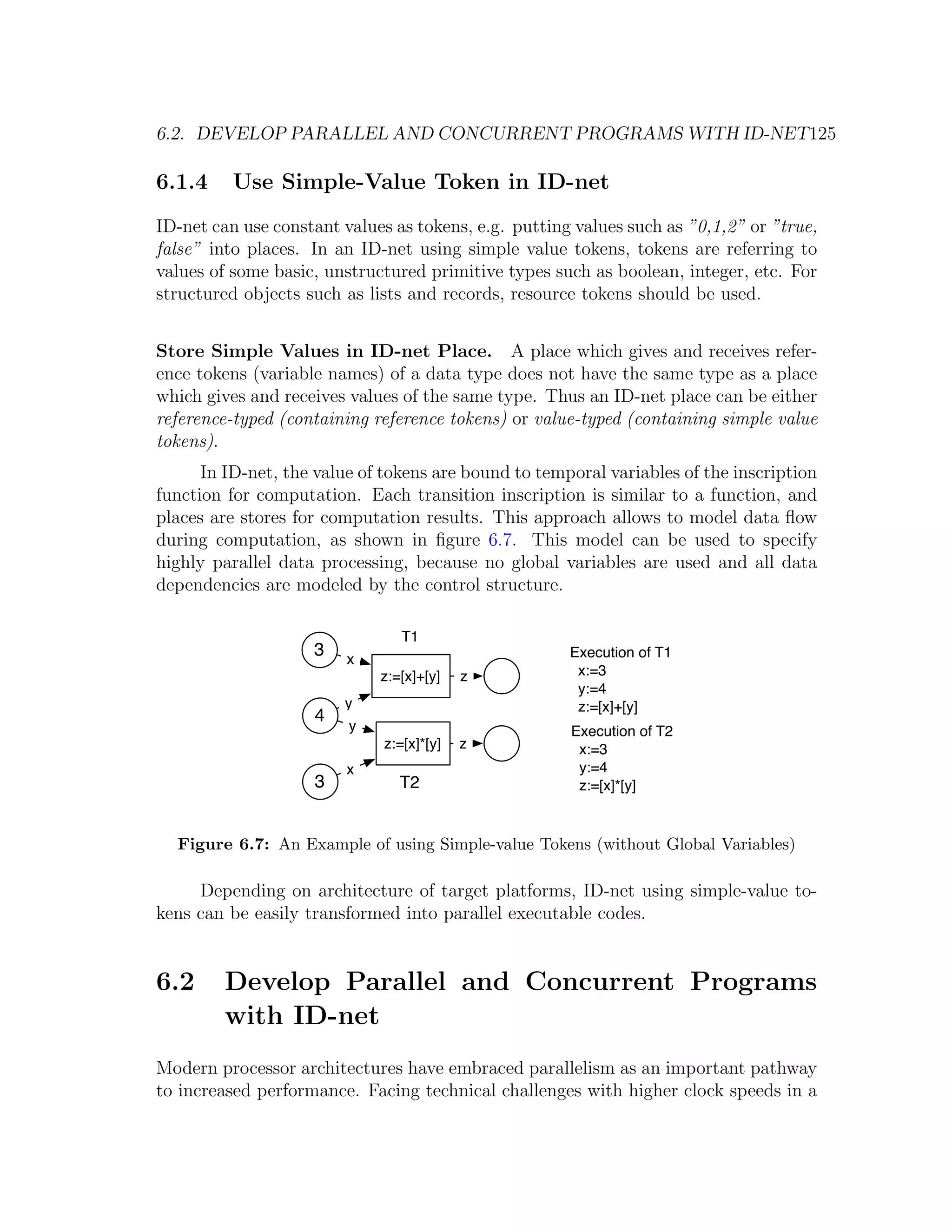 6.2. DEVELOP PARALLEL AND CONCURRENT PROGRAMS WITH ID-NET125 6.1.4 Use Simple-Value Token in ID-net ID-net can use constant values as tokens, e.g. putting values such as ”0,1,2” or ”true, false” into places. In an ID-net using simple value tokens, tokens are referring to values of some basic, unstructured primitive types such as boolean, integer, etc. For structured objects such as lists and records, resource tokens should be used. Store Simple Values in ID-net Place. A place which gives and receives refer- ence tokens (variable names) of a data type does not have the same type as a place which gives and receives values of the same type. Thus an ID-net place can be either reference-typed (containing reference tokens) or value-typed (containing simple value tokens). In ID-net, the value of tokens are bound to temporal variables of the inscription function for computation. Each transition inscription is similar to a function, and places are stores for computation results. This approach allows to model data ﬂow during computation, as shown in ﬁgure 6.7. This model can be used to specify highly parallel data processing, because no global variables are used and all data dependencies are modeled by the control structure. T1 3 x Execution of T1 z:=[x]+[y] z x:=3 y:=4 y z:=[x]+[y] 4 y Execution of T2 z:=[x]*[y] z x:=3 x y:=4 3 T2 z:=[x]*[y] Figure 6.7: An Example of using Simple-value Tokens (without Global Variables) Depending on architecture of target platforms, ID-net using simple-value to- kens can be easily transformed into parallel executable codes. 6.2 Develop Parallel and Concurrent Programs with ID-net Modern processor architectures have embraced parallelism as an important pathway to increased performance. Facing technical challenges with higher clock speeds in a 