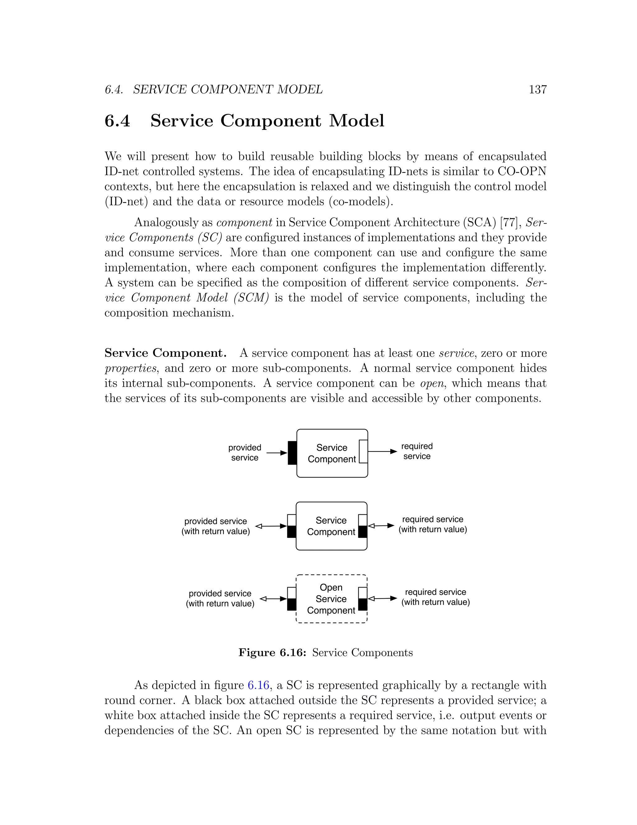 6.4. SERVICE COMPONENT MODEL 137 6.4 Service Component Model We will present how to build reusable building blocks by means of encapsulated ID-net controlled systems. The idea of encapsulating ID-nets is similar to CO-OPN contexts, but here the encapsulation is relaxed and we distinguish the control model (ID-net) and the data or resource models (co-models). Analogously as component in Service Component Architecture (SCA) [77], Ser- vice Components (SC) are conﬁgured instances of implementations and they provide and consume services. More than one component can use and conﬁgure the same implementation, where each component conﬁgures the implementation diﬀerently. A system can be speciﬁed as the composition of diﬀerent service components. Ser- vice Component Model (SCM) is the model of service components, including the composition mechanism. Service Component. A service component has at least one service, zero or more properties, and zero or more sub-components. A normal service component hides its internal sub-components. A service component can be open, which means that the services of its sub-components are visible and accessible by other components. provided Service required service Component service provided service Service required service (with return value) Component (with return value) Open required service provided service (with return value) Service (with return value) Component Figure 6.16: Service Components As depicted in ﬁgure 6.16, a SC is represented graphically by a rectangle with round corner. A black box attached outside the SC represents a provided service; a white box attached inside the SC represents a required service, i.e. output events or dependencies of the SC. An open SC is represented by the same notation but with 