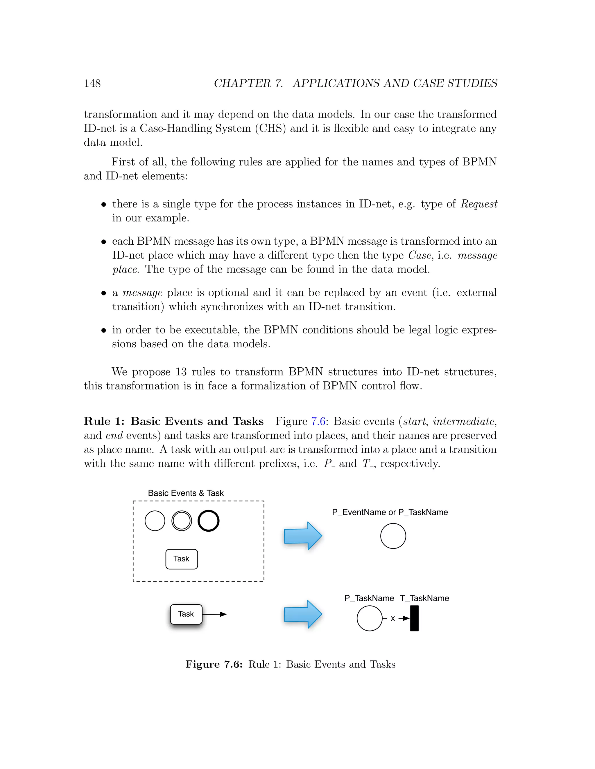 148 CHAPTER 7. APPLICATIONS AND CASE STUDIES transformation and it may depend on the data models. In our case the transformed ID-net is a Case-Handling System (CHS) and it is ﬂexible and easy to integrate any data model. First of all, the following rules are applied for the names and types of BPMN and ID-net elements: • there is a single type for the process instances in ID-net, e.g. type of Request in our example. • each BPMN message has its own type, a BPMN message is transformed into an ID-net place which may have a diﬀerent type then the type Case, i.e. message place. The type of the message can be found in the data model. • a message place is optional and it can be replaced by an event (i.e. external transition) which synchronizes with an ID-net transition. • in order to be executable, the BPMN conditions should be legal logic expres- sions based on the data models. We propose 13 rules to transform BPMN structures into ID-net structures, this transformation is in face a formalization of BPMN control ﬂow. Rule 1: Basic Events and Tasks Figure 7.6: Basic events (start, intermediate, and end events) and tasks are transformed into places, and their names are preserved as place name. A task with an output arc is transformed into a place and a transition with the same name with diﬀerent preﬁxes, i.e. P and T , respectively. Basic Events & Task P_EventName or P_TaskName Task P_TaskName T_TaskName Task x Figure 7.6: Rule 1: Basic Events and Tasks 