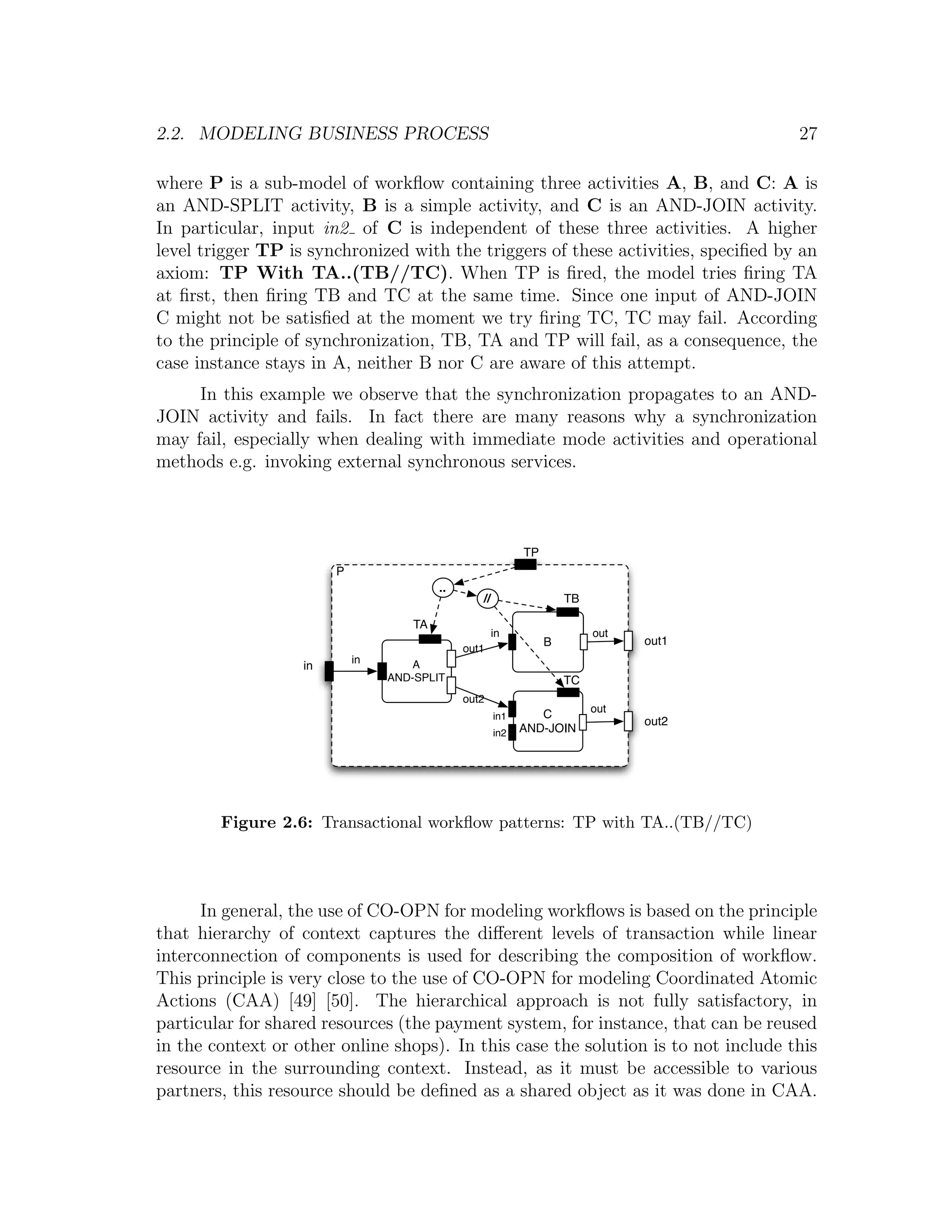 2.2. MODELING BUSINESS PROCESS 27 where P is a sub-model of workﬂow containing three activities A, B, and C: A is an AND-SPLIT activity, B is a simple activity, and C is an AND-JOIN activity. In particular, input in2 of C is independent of these three activities. A higher level trigger TP is synchronized with the triggers of these activities, speciﬁed by an axiom: TP With TA..(TB//TC). When TP is ﬁred, the model tries ﬁring TA at ﬁrst, then ﬁring TB and TC at the same time. Since one input of AND-JOIN C might not be satisﬁed at the moment we try ﬁring TC, TC may fail. According to the principle of synchronization, TB, TA and TP will fail, as a consequence, the case instance stays in A, neither B nor C are aware of this attempt. In this example we observe that the synchronization propagates to an AND- JOIN activity and fails. In fact there are many reasons why a synchronization may fail, especially when dealing with immediate mode activities and operational methods e.g. invoking external synchronous services. TP P .. // TB TA in out B out1 out1 in A in AND-SPLIT TC out2 out in1 C out2 in2 AND-JOIN Figure 2.6: Transactional workﬂow patterns: TP with TA..(TB//TC) In general, the use of CO-OPN for modeling workﬂows is based on the principle that hierarchy of context captures the diﬀerent levels of transaction while linear interconnection of components is used for describing the composition of workﬂow. This principle is very close to the use of CO-OPN for modeling Coordinated Atomic Actions (CAA) [49] [50]. The hierarchical approach is not fully satisfactory, in particular for shared resources (the payment system, for instance, that can be reused in the context or other online shops). In this case the solution is to not include this resource in the surrounding context. Instead, as it must be accessible to various partners, this resource should be deﬁned as a shared object as it was done in CAA. 