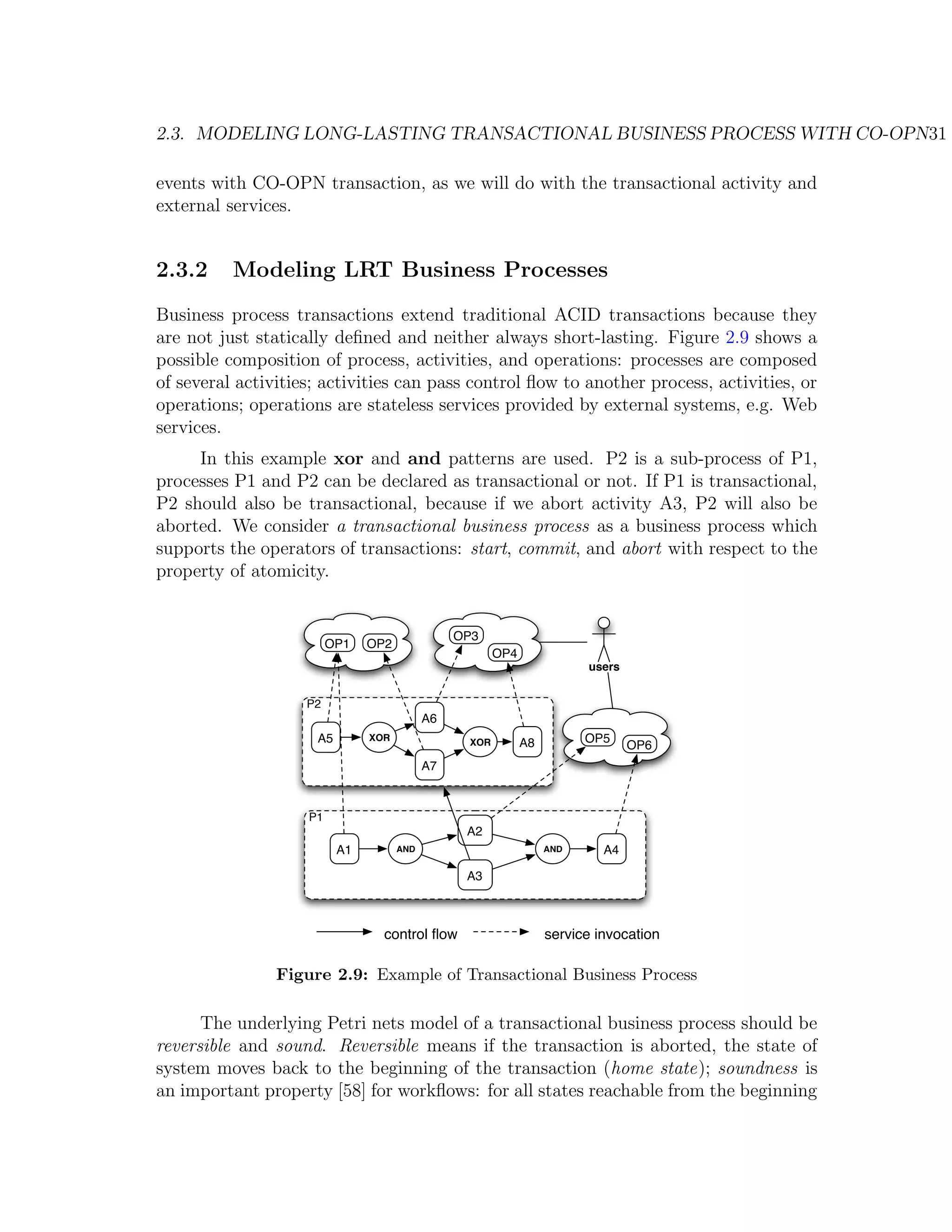 2.3. MODELING LONG-LASTING TRANSACTIONAL BUSINESS PROCESS WITH CO-OPN31 events with CO-OPN transaction, as we will do with the transactional activity and external services. 2.3.2 Modeling LRT Business Processes Business process transactions extend traditional ACID transactions because they are not just statically deﬁned and neither always short-lasting. Figure 2.9 shows a possible composition of process, activities, and operations: processes are composed of several activities; activities can pass control ﬂow to another process, activities, or operations; operations are stateless services provided by external systems, e.g. Web services. In this example xor and and patterns are used. P2 is a sub-process of P1, processes P1 and P2 can be declared as transactional or not. If P1 is transactional, P2 should also be transactional, because if we abort activity A3, P2 will also be aborted. We consider a transactional business process as a business process which supports the operators of transactions: start, commit, and abort with respect to the property of atomicity. OP3 OP1 OP2 OP4 users P2 A6 A5 XOR XOR A8 OP5 OP6 A7 P1 A2 A1 AND AND A4 A3 control ﬂow service invocation Figure 2.9: Example of Transactional Business Process The underlying Petri nets model of a transactional business process should be reversible and sound. Reversible means if the transaction is aborted, the state of system moves back to the beginning of the transaction (home state); soundness is an important property [58] for workﬂows: for all states reachable from the beginning 