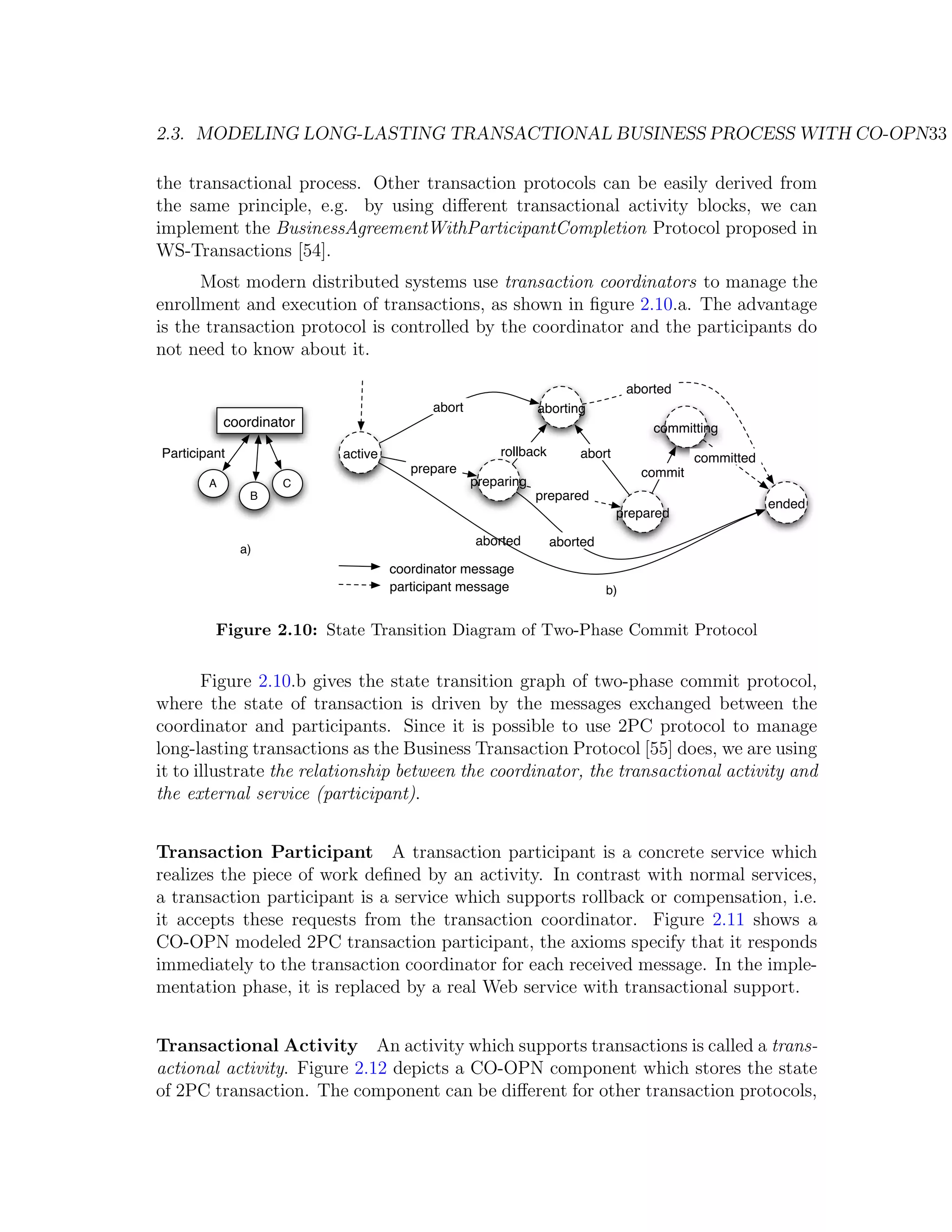 2.3. MODELING LONG-LASTING TRANSACTIONAL BUSINESS PROCESS WITH CO-OPN33 the transactional process. Other transaction protocols can be easily derived from the same principle, e.g. by using diﬀerent transactional activity blocks, we can implement the BusinessAgreementWithParticipantCompletion Protocol proposed in WS-Transactions [54]. Most modern distributed systems use transaction coordinators to manage the enrollment and execution of transactions, as shown in ﬁgure 2.10.a. The advantage is the transaction protocol is controlled by the coordinator and the participants do not need to know about it. aborted abort aborting coordinator committing Participant active rollback abort committed prepare commit A C preparing B prepared ended prepared aborted aborted a) coordinator message participant message b) Figure 2.10: State Transition Diagram of Two-Phase Commit Protocol Figure 2.10.b gives the state transition graph of two-phase commit protocol, where the state of transaction is driven by the messages exchanged between the coordinator and participants. Since it is possible to use 2PC protocol to manage long-lasting transactions as the Business Transaction Protocol [55] does, we are using it to illustrate the relationship between the coordinator, the transactional activity and the external service (participant). Transaction Participant A transaction participant is a concrete service which realizes the piece of work deﬁned by an activity. In contrast with normal services, a transaction participant is a service which supports rollback or compensation, i.e. it accepts these requests from the transaction coordinator. Figure 2.11 shows a CO-OPN modeled 2PC transaction participant, the axioms specify that it responds immediately to the transaction coordinator for each received message. In the imple- mentation phase, it is replaced by a real Web service with transactional support. Transactional Activity An activity which supports transactions is called a trans- actional activity. Figure 2.12 depicts a CO-OPN component which stores the state of 2PC transaction. The component can be diﬀerent for other transaction protocols, 