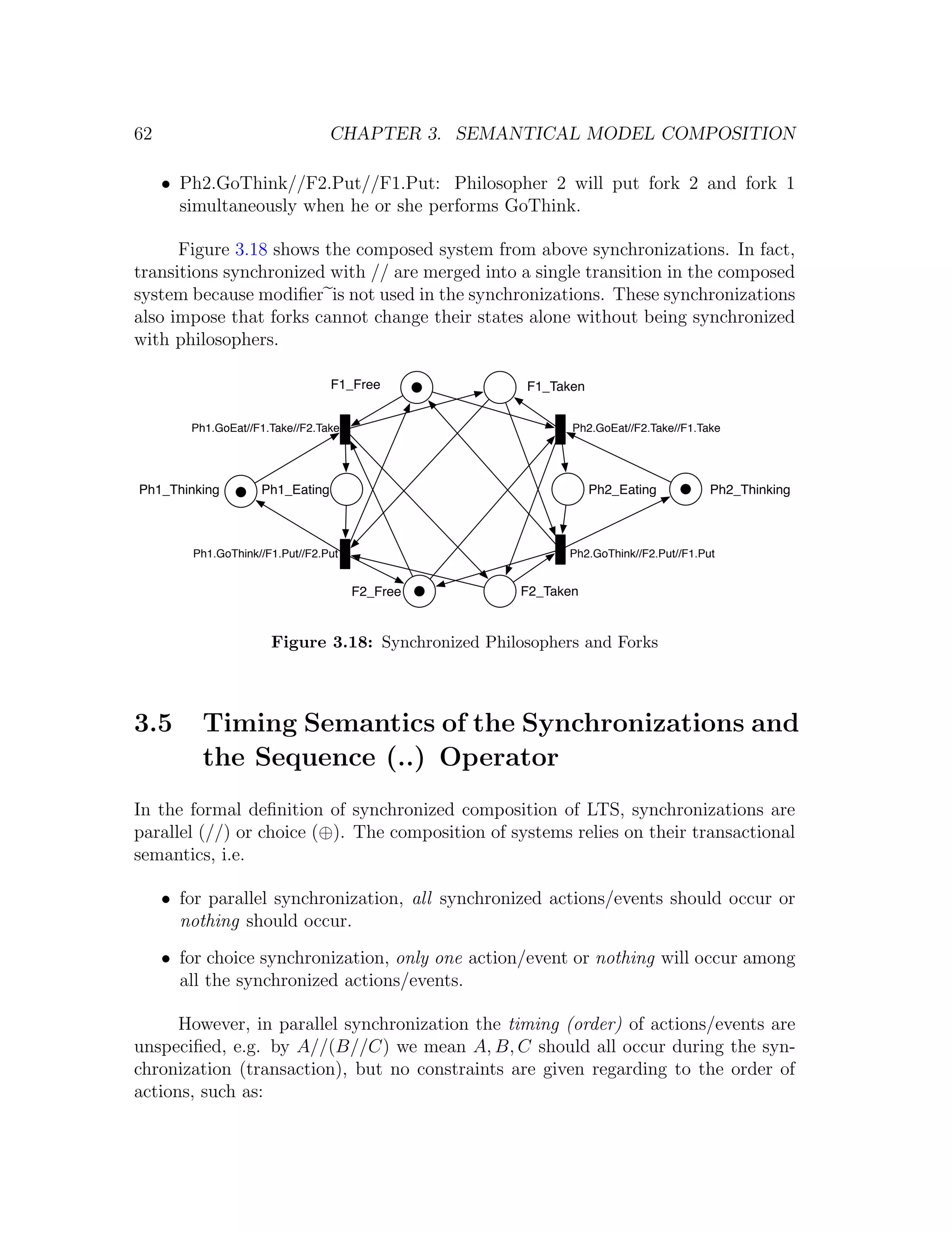 62 CHAPTER 3. SEMANTICAL MODEL COMPOSITION • Ph2.GoThink//F2.Put//F1.Put: Philosopher 2 will put fork 2 and fork 1 simultaneously when he or she performs GoThink. Figure 3.18 shows the composed system from above synchronizations. In fact, transitions synchronized with // are merged into a single transition in the composed system because modiﬁer is not used in the synchronizations. These synchronizations also impose that forks cannot change their states alone without being synchronized with philosophers. F1_Free F1_Taken Ph1.GoEat//F1.Take//F2.Take Ph2.GoEat//F2.Take//F1.Take Ph1_Thinking Ph1_Eating Ph2_Eating Ph2_Thinking Ph1.GoThink//F1.Put//F2.Put Ph2.GoThink//F2.Put//F1.Put F2_Free F2_Taken Figure 3.18: Synchronized Philosophers and Forks 3.5 Timing Semantics of the Synchronizations and the Sequence (..) Operator In the formal deﬁnition of synchronized composition of LTS, synchronizations are parallel (//) or choice (⊕). The composition of systems relies on their transactional semantics, i.e. • for parallel synchronization, all synchronized actions/events should occur or nothing should occur. • for choice synchronization, only one action/event or nothing will occur among all the synchronized actions/events. However, in parallel synchronization the timing (order) of actions/events are unspeciﬁed, e.g. by A//(B//C) we mean A, B, C should all occur during the syn- chronization (transaction), but no constraints are given regarding to the order of actions, such as: 