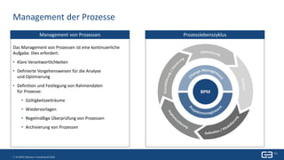 7 | Titel| 7. Januar 20197 | © GBTEC Software + Consulting AG 2018
Management der Prozesse
Das Management von Prozessen ist eine kontinuierliche
Aufgabe. Dies erfordert:
• Klare Verantwortlichkeiten
• Definierte Vorgehensweisen für die Analyse
und Optimierung
• Definition und Festlegung von Rahmendaten
für Prozesse:
• Gültigkeitszeiträume
• Wiedervorlagen
• Regelmäßige Überprüfung von Prozessen
• Archivierung von Prozessen
Management von Prozessen Prozesslebenszyklus
 