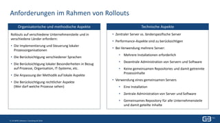 9 | Titel| 7. Januar 20199 | © GBTEC Software + Consulting AG 2018
Anforderungen im Rahmen von Rollouts
Technische AspekteOrganisatorische und methodische Aspekte
Rollouts auf verschiedene Unternehmensteile und in
verschiedene Länder erfordern:
• Die Implementierung und Steuerung lokaler
Prozessorganisationen
• Die Berücksichtigung verschiedener Sprachen
• Die Berücksichtigung lokaler Besonderheiten in Bezug
auf Prozesse, Organisation, IT-Systeme, etc.
• Die Anpassung der Methodik auf lokale Aspekte
• Die Berücksichtigung rechtlicher Aspekte
(Wer darf welche Prozesse sehen)
• Zentraler Server vs. länderspezifische Server
• Performance-Aspekte sind zu berücksichtigen
• Bei Verwendung mehrere Server:
• Mehrere Installationen erforderlich
• Dezentrale Administration von Servern und Software
• Keine gemeinsamen Repositories und damit getrennte
Prozessinhalte
• Verwendung eines gemeinsamen Servers
• Eine Installation
• Zentrale Administration von Server und Software
• Gemeinsames Repository für alle Unternehmensteile
und damit geteilte Inhalte
 