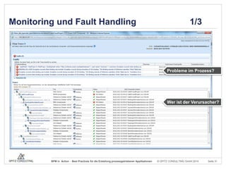 Monitoring und Fault Handling

1/3

Probleme im Prozess?

Wer ist der Verursacher?

BPM in Action - Best Practices für die Erstellung prozessgetriebener Applikationen

© OPITZ CONSULTING GmbH 2014

Seite 31

 