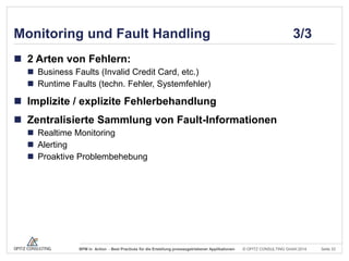Monitoring und Fault Handling

3/3

 2 Arten von Fehlern:
 Business Faults (Invalid Credit Card, etc.)
 Runtime Faults (techn. Fehler, Systemfehler)

 Implizite / explizite Fehlerbehandlung

 Zentralisierte Sammlung von Fault-Informationen
 Realtime Monitoring
 Alerting
 Proaktive Problembehebung

BPM in Action - Best Practices für die Erstellung prozessgetriebener Applikationen

© OPITZ CONSULTING GmbH 2014

Seite 33

 
