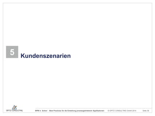 5

Kundenszenarien

BPM in Action - Best Practices für die Erstellung prozessgetriebener Applikationen

© OPITZ CONSULTING GmbH 2014

Seite 36

 