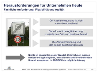 Herausforderungen für Unternehmen heute
Fachliche Anforderung: Flexibilität und Agilität

Der Ausnahmezustand ist nicht
mehr die Ausnahme!
Die erforderliche Agilität erzeugt
zusätzlichen Zeit- und Kostenaufwand!
Die Zeitwahrnehmung und
das Tempo beschleunigen sich!

Nichts ist konstanter als der Wandel. Unternehmen müssen
flexibel und agil reagieren, um sich der schnell verändernden
Umwelt anzupassen  SOA/BPM als mögliche Lösung

BPM in Action - Best Practices für die Erstellung prozessgetriebener Applikationen

© OPITZ CONSULTING GmbH 2014

Seite 4

 