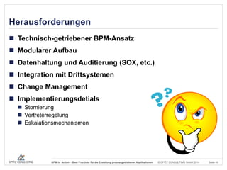Herausforderungen
 Technisch-getriebener BPM-Ansatz
 Modularer Aufbau
 Datenhaltung und Auditierung (SOX, etc.)

 Integration mit Drittsystemen
 Change Management
 Implementierungsdetials
 Stornierung
 Vertreterregelung
 Eskalationsmechanismen

BPM in Action - Best Practices für die Erstellung prozessgetriebener Applikationen

© OPITZ CONSULTING GmbH 2014

Seite 40

 