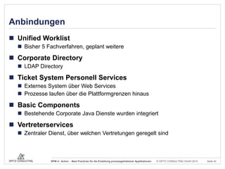Anbindungen
 Unified Worklist
 Bisher 5 Fachverfahren, geplant weitere

 Corporate Directory
 LDAP Directory

 Ticket System Personell Services
 Externes System über Web Services
 Prozesse laufen über die Plattformgrenzen hinaus

 Basic Components
 Bestehende Corporate Java Dienste wurden integriert

 Vertreterservices
 Zentraler Dienst, über welchen Vertretungen geregelt sind

BPM in Action - Best Practices für die Erstellung prozessgetriebener Applikationen

© OPITZ CONSULTING GmbH 2014

Seite 42

 