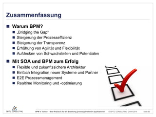 Zusammenfassung
 Warum BPM?






„Bridging the Gap“
Steigerung der Prozesseffizienz
Steigerung der Transparenz
Erhöhung von Agilität und Flexibilität
Aufdecken von Schwachstellen und Potentialen

 Mit SOA und BPM zum Erfolg





Flexible und zukunftssichere Architektur
Einfach Integration neuer Systeme und Partner
E2E Prozessmanagement
Realtime Monitoring und -optimierung

BPM in Action - Best Practices für die Erstellung prozessgetriebener Applikationen

© OPITZ CONSULTING GmbH 2014

Seite 50

 