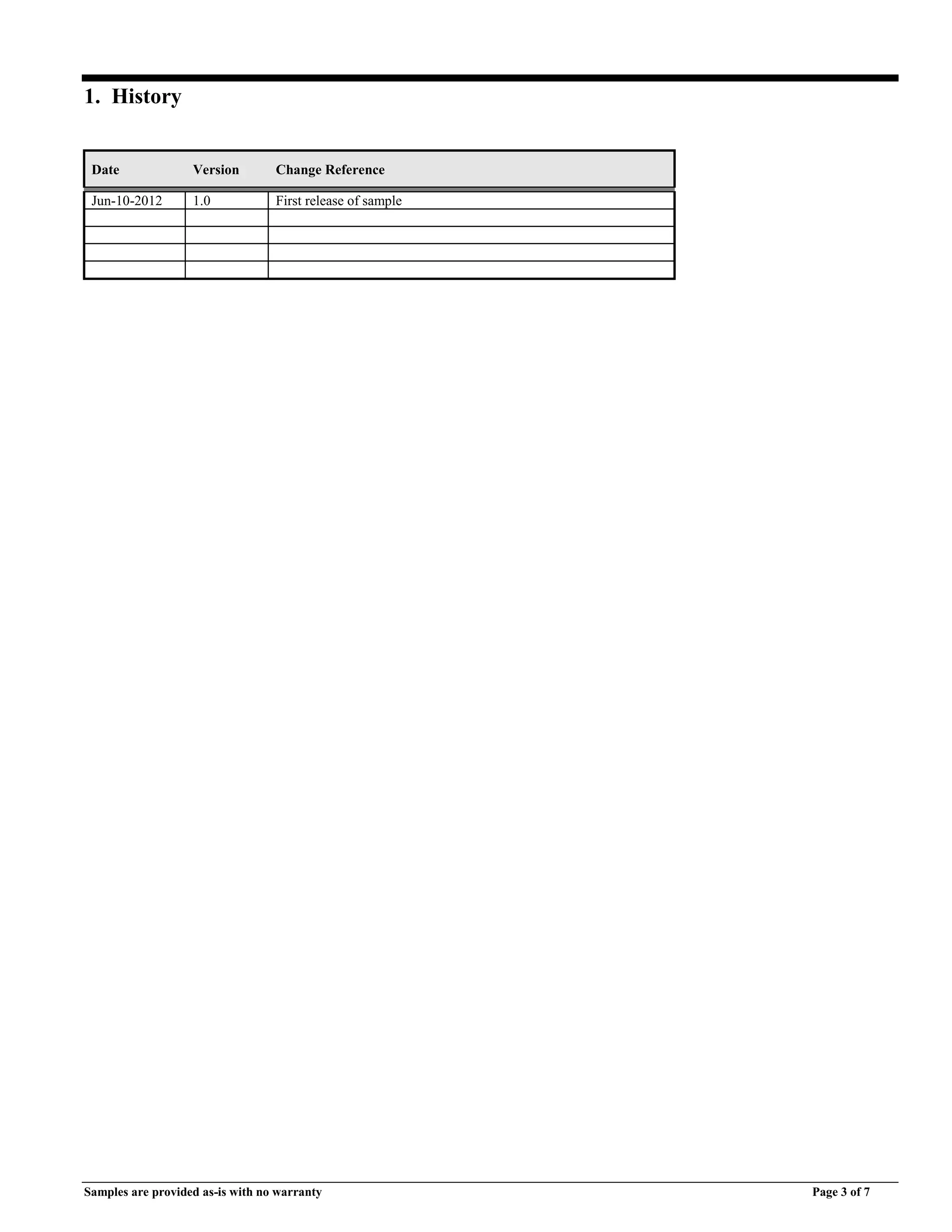 Samples are provided as-is with no warranty Page 3 of 7
1. History
Date Version Change Reference
Jun-10-2012 1.0 First release of sample
 