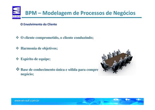 BPM – Modelagem de Processos de Negócios
O cliente comprometido, o cliente conduzindo;
Harmonia de objetivos;
Espírito de equipe;
Base de conhecimento única e sólida para compressão do
negócio;
O Envolvimento do Cliente
 