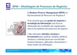 BPM – Modelagem de Processos de Negócios
O Business Process Management (BPM) ou
Gerenciamento de Processos de Negócio é:
•Um conceito que une gestão de negócios e
tecnologia da informação com foco na
otimização dos resultados das organizações
através da melhoria dos processos de negócio.
• São utilizados métodos, técnicas e
ferramentas para analisar, modelar, publicar,
otimizar e controlar processos envolvendo
recursos humanos, aplicações, documentos e
outras fontes de informação.
 