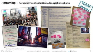 © Prof. Dr. Ayelt Komus 17www.process-and-project.net www.komus.de www.heupel-consultants.com @AyeltKomus
Reframing – Perspektivwechsel mittels Assoziationsübung
Courtesy of Heupel Consultants
 
