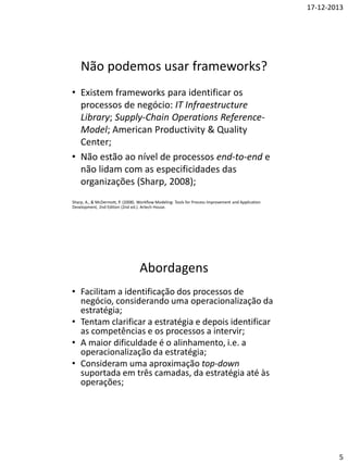 Porquê BPM?
Atividade no Frontoffice

Função envolvida

Critério de desempenho

Recaptura de utentes

Comercial

Nº de clientes recapturados

Inscrição de clientes

Comercial e
Comunicação e
Marketing

Fichas bem preenchidas;
Contatos para envio de SMS e
newsletters;
Nº de emails de devolvidos;

Receber pagamento

Tesouraria

Discrepâncias entre os pagamento
realizado e fechos de caixa e
depósitos realizados

Monitorizar aulas
realizadas

Recursos Humanos

Redução dos atrasos identificados;
Contatos com os monitores;

Avaliar a satisfação de
um utente

Qualidade

Satisfação do cliente;
Nº de clientes avaliados;

Um colaborador não pode ser avaliado em função do contributo a uma função no
organograma. O trabalho tem que ser enquadrado no âmbito dos vários processos em
que participa que é transversal ao departamento.
A organização do trabalho deve ser desenvolvida num contexto organizacional.

 