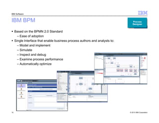 IBM Software

IBM BPM
Based on the BPMN 2.0 Standard
– Ease of adoption
Single Interface that enable business process auth...