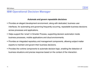 IBM Software

IBM Operational Decision Manager
Automate and govern repeatable decisions
Provides an elegant development en...