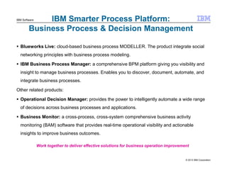 IBM Smarter Process Platform:
Business Process & Decision Management

IBM Software

Blueworks Live: cloud-based business p...