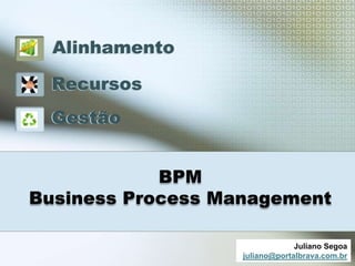 Alinhamento

 Recursos
 Gestão


            BPM
Business Process Management

                                Juliano Segoa
                   juliano@portalbrava.com.br
 