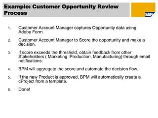 Example: Customer Opportunity Review
Process

 1.   Customer Account Manager captures Opportunity data using
      Adobe Form.
 2.   Customer Account Manager to Score the opportunity and make a
      decision.
 3.   If score exceeds the threshold, obtain feedback from other
      Stakeholders ( Marketing, Production, Manufacturing) through email
      notifications.
 4.   BPM will aggregate the score and automate the decision flow.
 5.   If the new Product is approved, BPM will automatically create a
      cProject from a template.
 6.   Done!
 