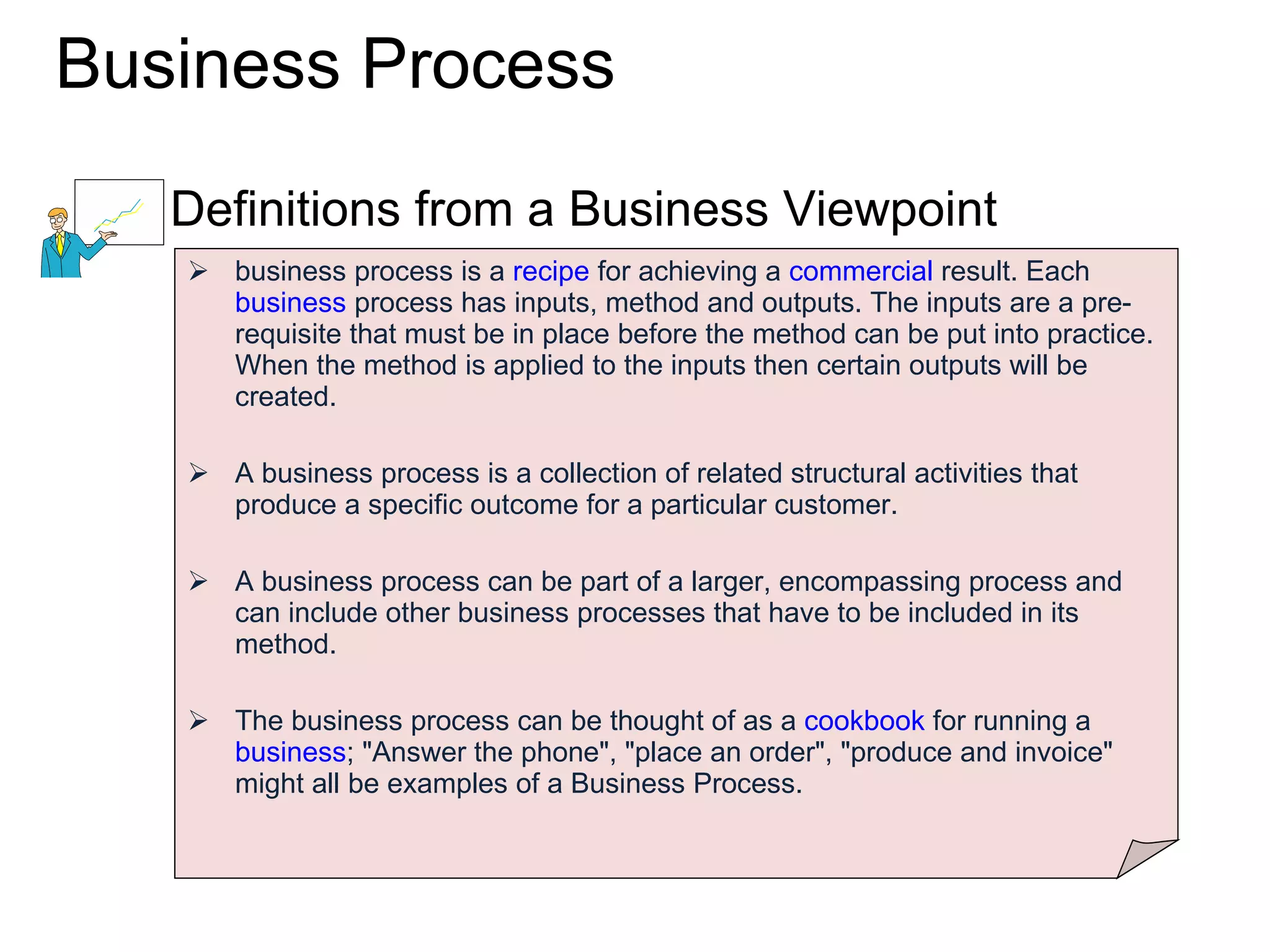 Business Process  Definitions from a Business Viewpoint business process is a  recipe  for achieving a  commercial  result. Each  business  process has inputs, method and outputs. The inputs are a pre-requisite that must be in place before the method can be put into practice. When the method is applied to the inputs then certain outputs will be created.  A business process is a collection of related structural activities that produce a specific outcome for a particular customer.  A business process can be part of a larger, encompassing process and can include other business processes that have to be included in its method.  The business process can be thought of as a  cookbook  for running a  business ; &quot;Answer the phone&quot;, &quot;place an order&quot;, &quot;produce and invoice&quot; might all be examples of a Business Process.  
