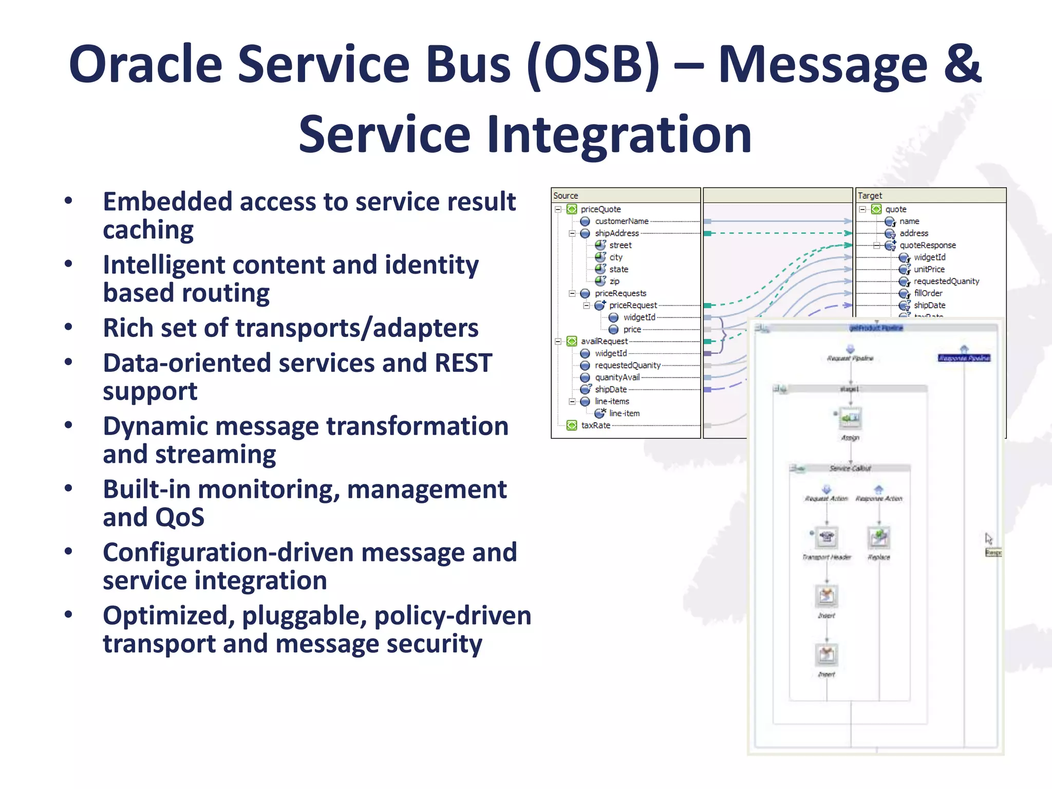 Oracle Service Bus (OSB) – Message &
Service Integration
• Embedded access to service result
caching
• Intelligent content and identity
based routing
• Rich set of transports/adapters
• Data-oriented services and REST
support
• Dynamic message transformation
and streaming
• Built-in monitoring, management
and QoS
• Configuration-driven message and
service integration
• Optimized, pluggable, policy-driven
transport and message security

 