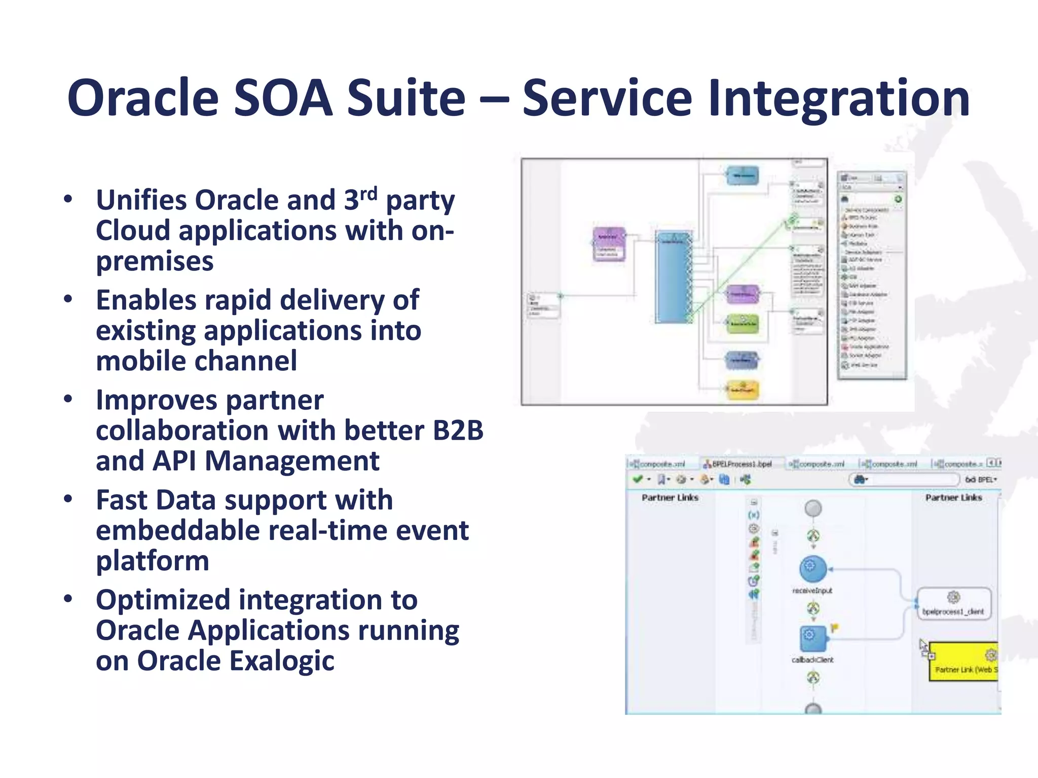 Oracle SOA Suite – Service Integration
• Unifies Oracle and 3rd party
Cloud applications with onpremises
• Enables rapid delivery of
existing applications into
mobile channel
• Improves partner
collaboration with better B2B
and API Management
• Fast Data support with
embeddable real-time event
platform
• Optimized integration to
Oracle Applications running
on Oracle Exalogic

 
