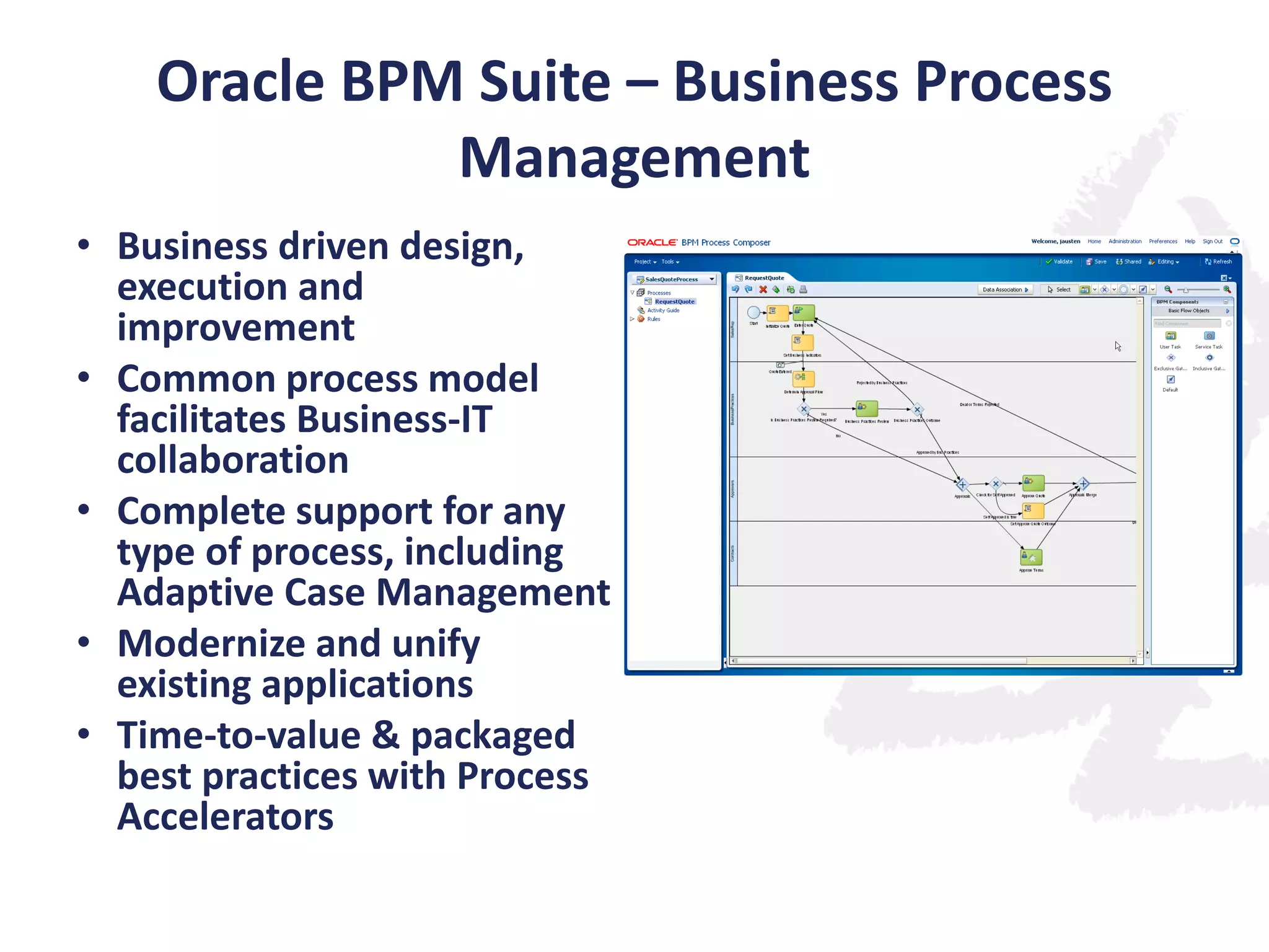 Oracle BPM Suite – Business Process
Management
• Business driven design,
execution and
improvement
• Common process model
facilitates Business-IT
collaboration
• Complete support for any
type of process, including
Adaptive Case Management
• Modernize and unify
existing applications
• Time-to-value & packaged
best practices with Process
Accelerators

 