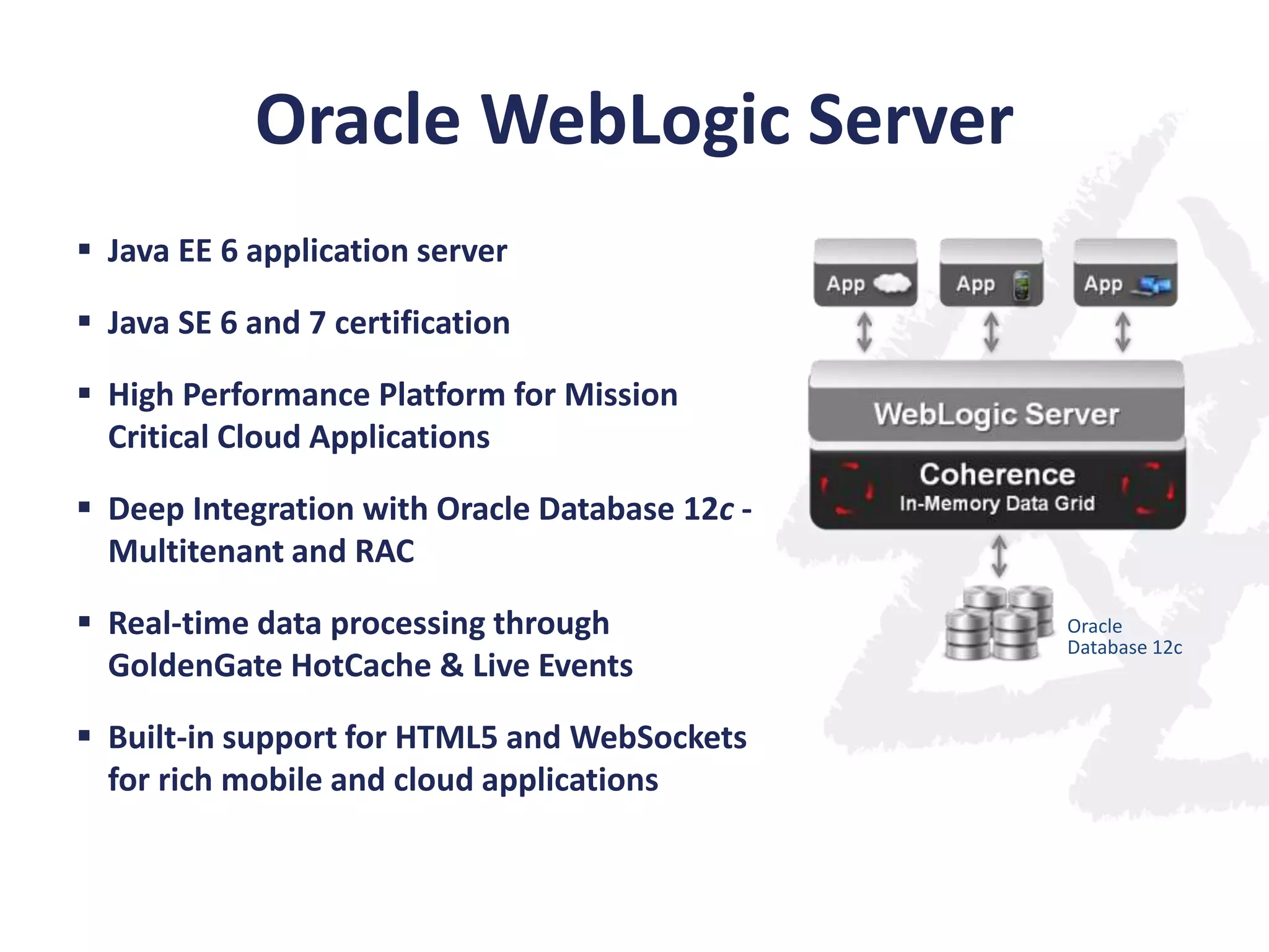 Oracle WebLogic Server
 Java EE 6 application server
 Java SE 6 and 7 certification
 High Performance Platform for Mission
Critical Cloud Applications

 Deep Integration with Oracle Database 12c Multitenant and RAC
 Real-time data processing through
GoldenGate HotCache & Live Events

 Built-in support for HTML5 and WebSockets
for rich mobile and cloud applications

Oracle
Database 12c

 