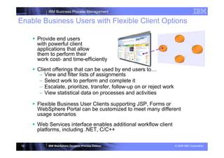 IBM Business Process Managament

Enable Business Users with Flexible Client Options

     Provide end users
     with powerful client
     applications that allow
     them to perform their
     work cost- and time-efficiently
     Client offerings that can be used by end users to…
      – View and filter lists of assignments
      – Select WebSphere Business Services Fabric v6.1 STEW
               | work to perform and complete it
      – Escalate, prioritize, transfer, follow-up on or reject work
      – View statistical data on processes and activities

     Flexible Business User Clients supporting JSP, Forms or
     WebSphere Portal can be customized to meet many different
     usage scenarios
     Web Services interface enables additional workflow client
     platforms, including .NET, C/C++

12        IBM WebSphere Dynamic Process Edition                       © 2008 IBM Corporation
 