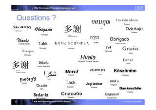 IBM Business Process Managament



 Questions ?                                                                                                                      Tesekkür ederim
                                                                                                                                                  Turkey


                           Obrigado                                                                             Thai
                                                                                                                                                     Dziekuje
                                                                                                                                                                  Poland
                                  Portugal                   Duo xie
                                                             Traditional Chinese



 Thanks                                                                                                Toda                 Obrigado
                                                                                                      Israel
     United States             Takk                                                                                               Brazilian Portuguese



                                 Norway                      Japanese                                                  Tak                     Gracias
           Dakujem                                                                                                     Denmark
                                                                                                                                                            Spain
                Slovakia         | WebSphere Business Services Fabric v6.1 STEW
                                                                                     Hvala
                                                                                   Slovenia, Croatia, Serbia                                    Danke
                                Dekuju                                                                                                                   German

                              Czech Republic

 Duo xie
 Simplified Chinese                                      Merci                                                                   Köszönöm
                                                                                                              Korean
                                                              France                                                                          Hungray

                                           Arabic
                                                                                                                          Dank u
                                                           Tack                             Jag tackar                      Belgium
                             Grazie                         Sweden                                 Finland
                                 Italy                                                                                                   Dankeschön
                                                                                                                                                          Austria

                           Bedankt                                  turkish                                            Engraziel
                             Netherlands                     Russia                                                      Switzerland

27                         IBM WebSphere Dynamic Process Edition                                                                              © 2008 IBM Corporation
 