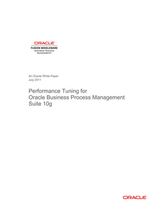 An Oracle White Paper
July 2011



Performance Tuning for
Oracle Business Process Management
Suite 10g
 