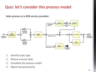 Sales process at a B2B service provider:
1) Identify tasks type
2) Review manual tasks
3) Complete the process model
4) Adjust task granularity
Quiz: let’s consider this process model
28
 