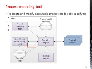 Process modeling tool
• To create and modify executable process models (by specifying
execution properties)
• To store and retrieve automation solutions from a process
model repository
• May import from conceptual process modeling tools
39
 