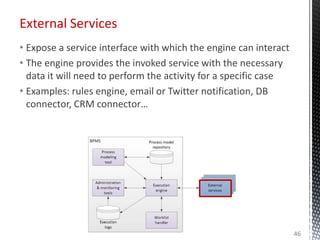 External Services
• Expose a service interface with which the engine can interact
• The engine provides the invoked service with the necessary
data it will need to perform the activity for a specific case
• Examples: rules engine, email or Twitter notification, DB
connector, CRM connector…
46
 