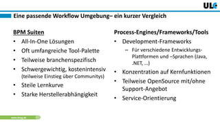 www.dnug.de
Eine passende Workflow Umgebung– ein kurzer Vergleich
BPM Suiten
• All-In-One Lösungen
• Oft umfangreiche Tool-Palette
• Teilweise branchenspezifisch
• Schwergewichtig, kostenintensiv
(teilweise Einstieg über Communitys)
• Steile Lernkurve
• Starke Herstellerabhängigkeit
Process-Engines/Frameworks/Tools
• Development-Frameworks
– Für verschiedene Entwicklungs-
Plattformen und –Sprachen (Java,
.NET, …)
• Konzentration auf Kernfunktionen
• Teilweise OpenSource mit/ohne
Support-Angebot
• Service-Orientierung
 
