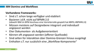 www.dnug.de
Vorhandene Frameworks:
• Sind z.T. schon lange verfügbar und etabliert
• Basieren i.d.R. nicht auf BPMN 2.0
(obwohl IBM im BPM durchaus eine Vorreiterrolle gespielt hat #BPEL #BPMN1.0)
• Müssen meistens auf Designebene integriert und individuell
angepasst werden
• Eher Dokumenten- als Aufgabenorientiert
• Können oft angepasst werden (offener Quellcode)
• Sind selten für Interaktion über Domino-Grenzen hinaus ausgelegt
• Enthalten z.T. nur zusätzlich eine „Workflow-Komponente“
IBM Domino und Workflows
 