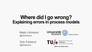 Where did I go wrong? 
Explaining errors in process models 
Niels Lohmann @nlohmann 
Dirk Fahland @dfahland  