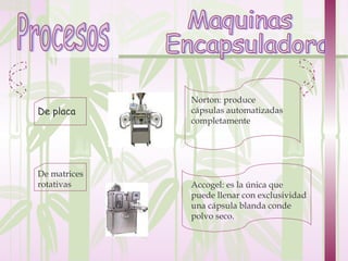Norton: produce
De placa      cápsulas automatizadas
              completamente




De matrices
rotativas     Accogel: es la única que
              puede llenar con exclusividad
              una cápsula blanda conde
              polvo seco.
 