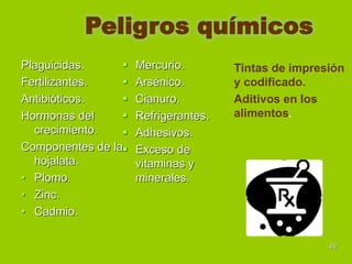 Peligros químicos
Plaguicidas.

Fertilizantes.

Antibióticos.

Hormonas del

crecimiento.

Componentes de la
hojalata.
• Plomo.
• Zinc.
• Cadmio.

Mercurio.
Arsénico.
Cianuro.
Refrigerantes.
Adhesivos.
Exceso de
vitaminas y
minerales.

Tintas de impresión
y codificado.
Aditivos en los
alimentos.

49

 
